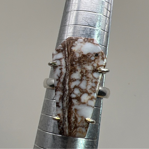 Wild Horse Jasper Stone Prong Set Coffin Cut Silver Overlay Ring Size 9.25 - Picture 2 of 9